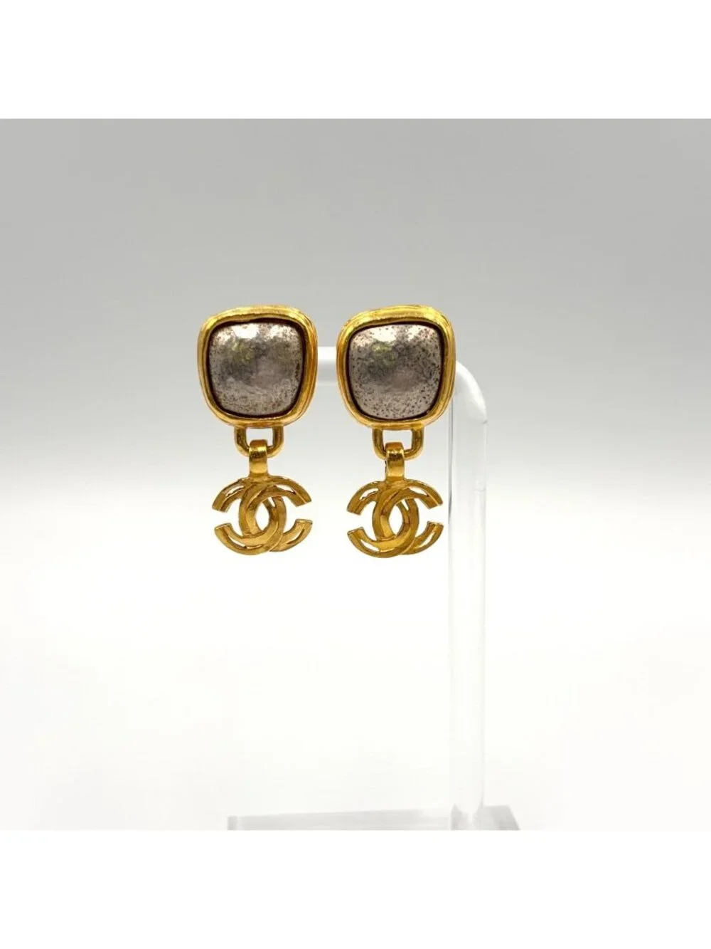 Chanel CC Logo Color Stone Swing Gold Silver Earrings